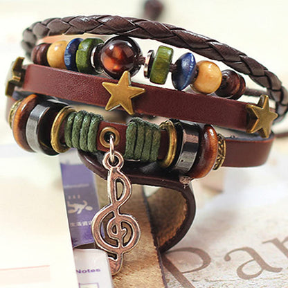 Rockyu ブレスレット メンズ レディース レザー 多連 星モチーフ 音符ペンダント 本革 編み込み ブラウン 数珠風 おしゃれ アクセサリー ギフト