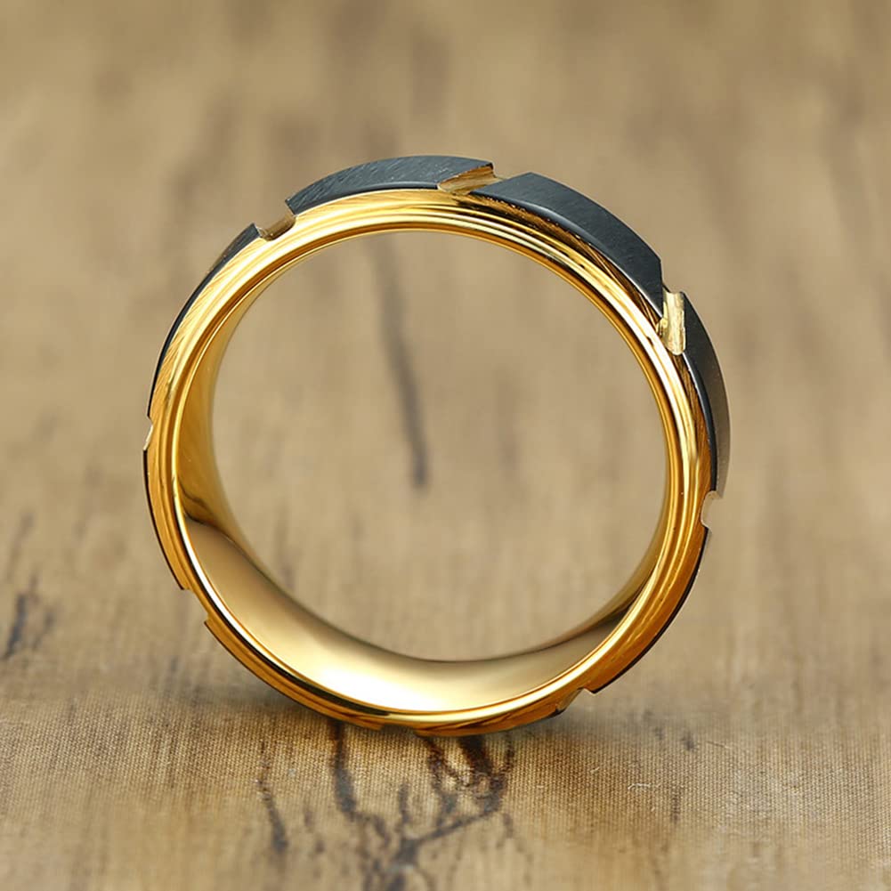 Rockyu タングステンリング メンズ ゴールド×ブラック マット仕上げ 幅広デザイン