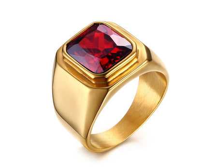 ルビーインパクト メンズ印台リング｜ステンレス×ゴールド・ブラック仕上げ 高級感と重厚感が際立つ存在感抜群の指輪