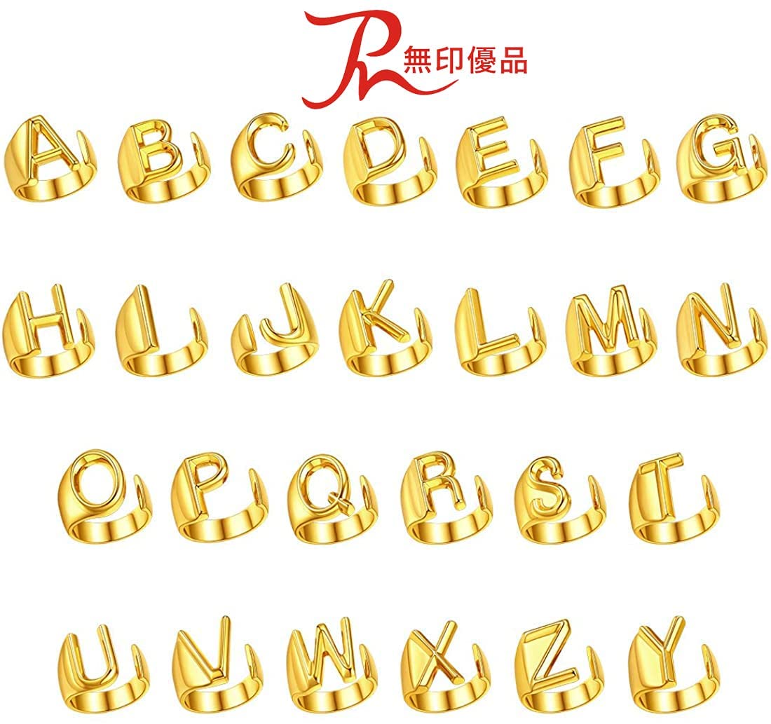 Rockyu イニシャルリング A〜Z選べる 太めゴールド フリーサイズステンレス指輪