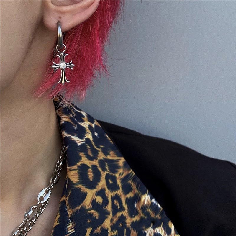 Rockyu ピアス メンズ レディース シルバー ジルコニア フープ クロスチタン 十字架 金属アレルギー対応 ヨーロッパ風