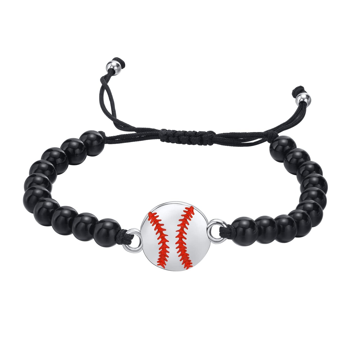 Rockyu ブレスレット メンズ レディース 野球ボールデザイン 数珠ブレスレット ブラック オニキス ステンレス 金属アレルギー対応 スポーツ ファン ギフト