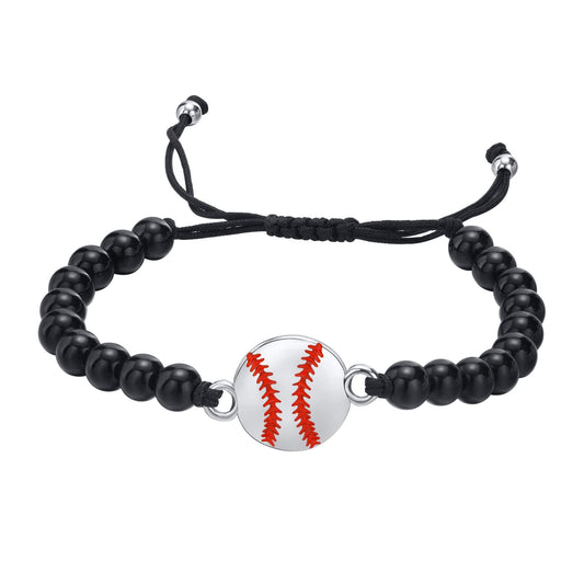 Rockyu ブレスレット メンズ レディース 野球ボールデザイン 数珠ブレスレット ブラック オニキス ステンレス 金属アレルギー対応 スポーツ ファン ギフト