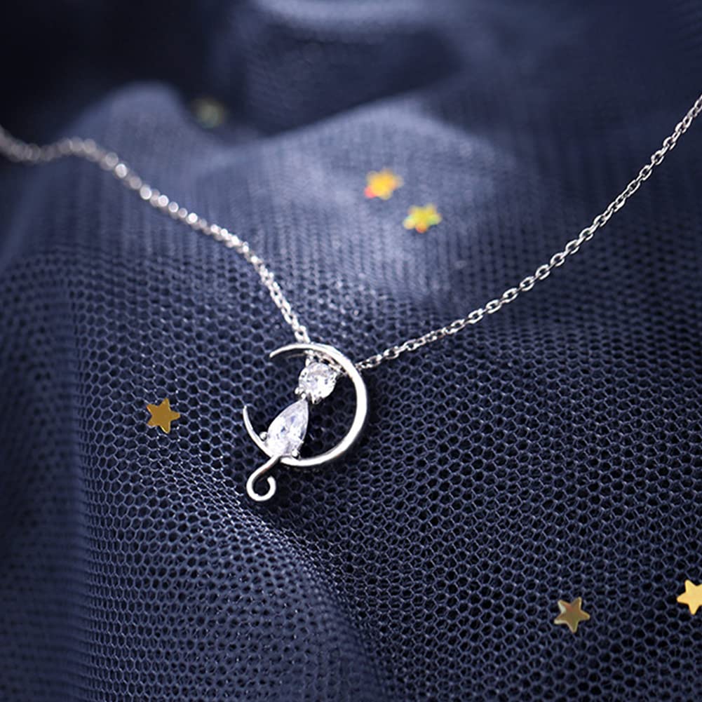 Rockyu 猫と月 ネックレス レディース 925純銀 ペンダント シンプル可愛い ジルコニア