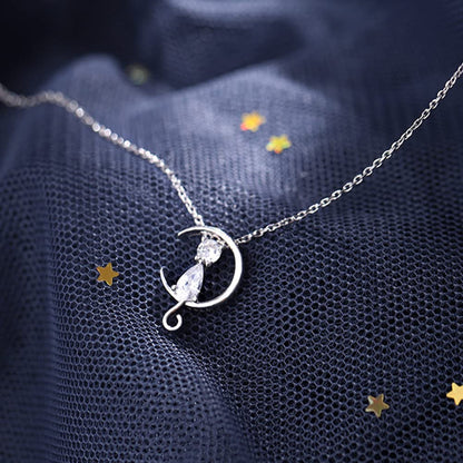 Rockyu 猫と月 ネックレス レディース 925純銀 ペンダント シンプル可愛い ジルコニア