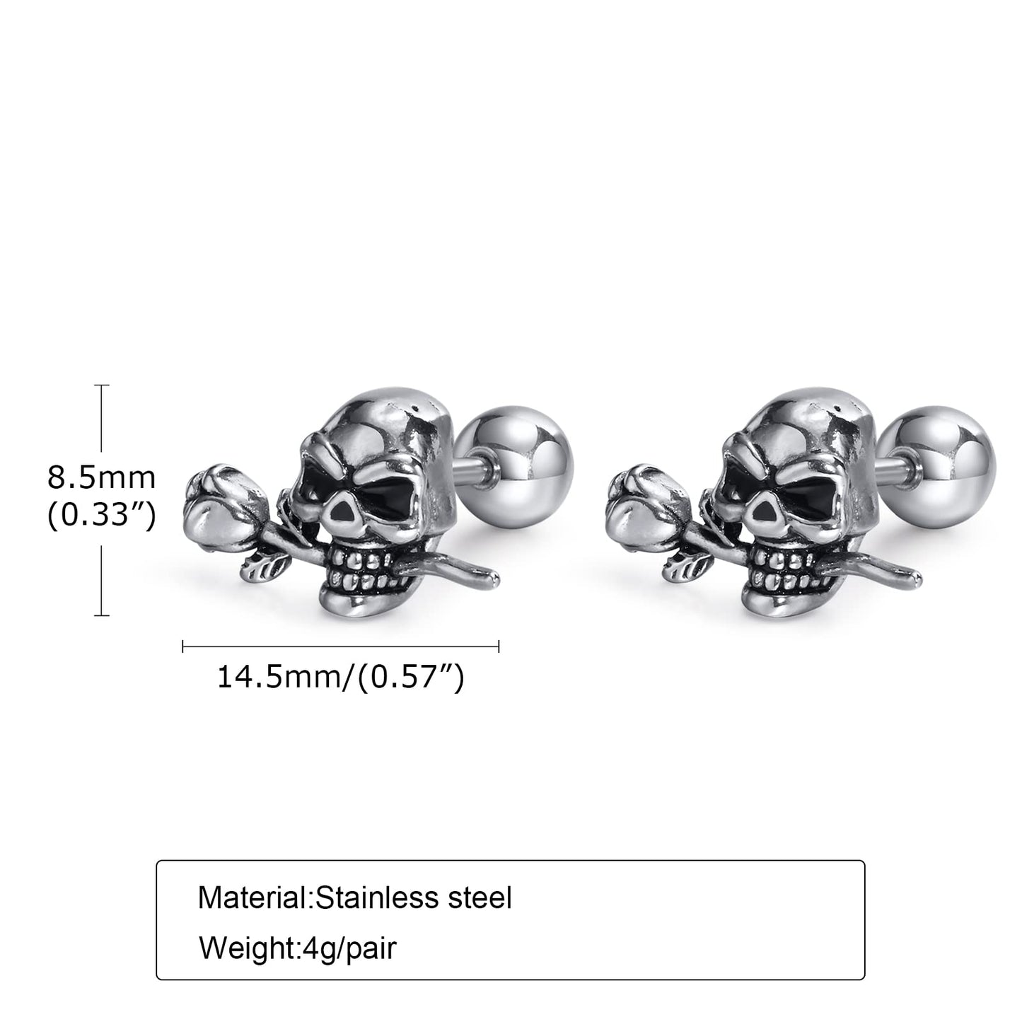 Rockyu スカルピアス メンズ 髑髏×薔薇モチーフ チタン製 金属アレルギー対応 シルバーアクセサリー