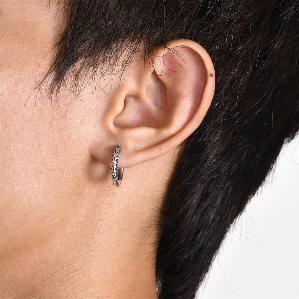 Rockyu メンズ フープピアス 雛菊モチーフ シルバー ステンレス 金属アレルギー対応 片耳用