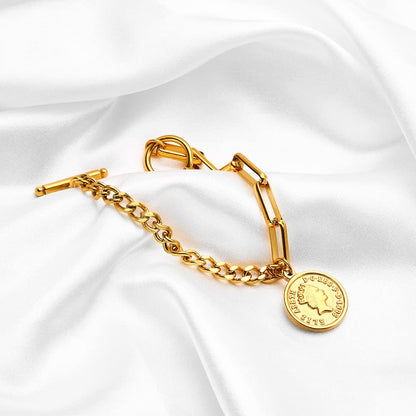 Rockyu ブレスレット レディース ピンクゴールド 18k 女王 エリザベス コインブレスレット おしゃれ ペンダント 十字架風チェーン 誕生日 パーティー プレゼント アクセサリー (ピンクゴールド)