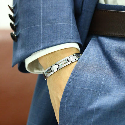 Rockyu タングステン磁気ブレスレット メンズ シルバー・ブルー シェルインレイ 静電気対策 4種天然エレメント搭載