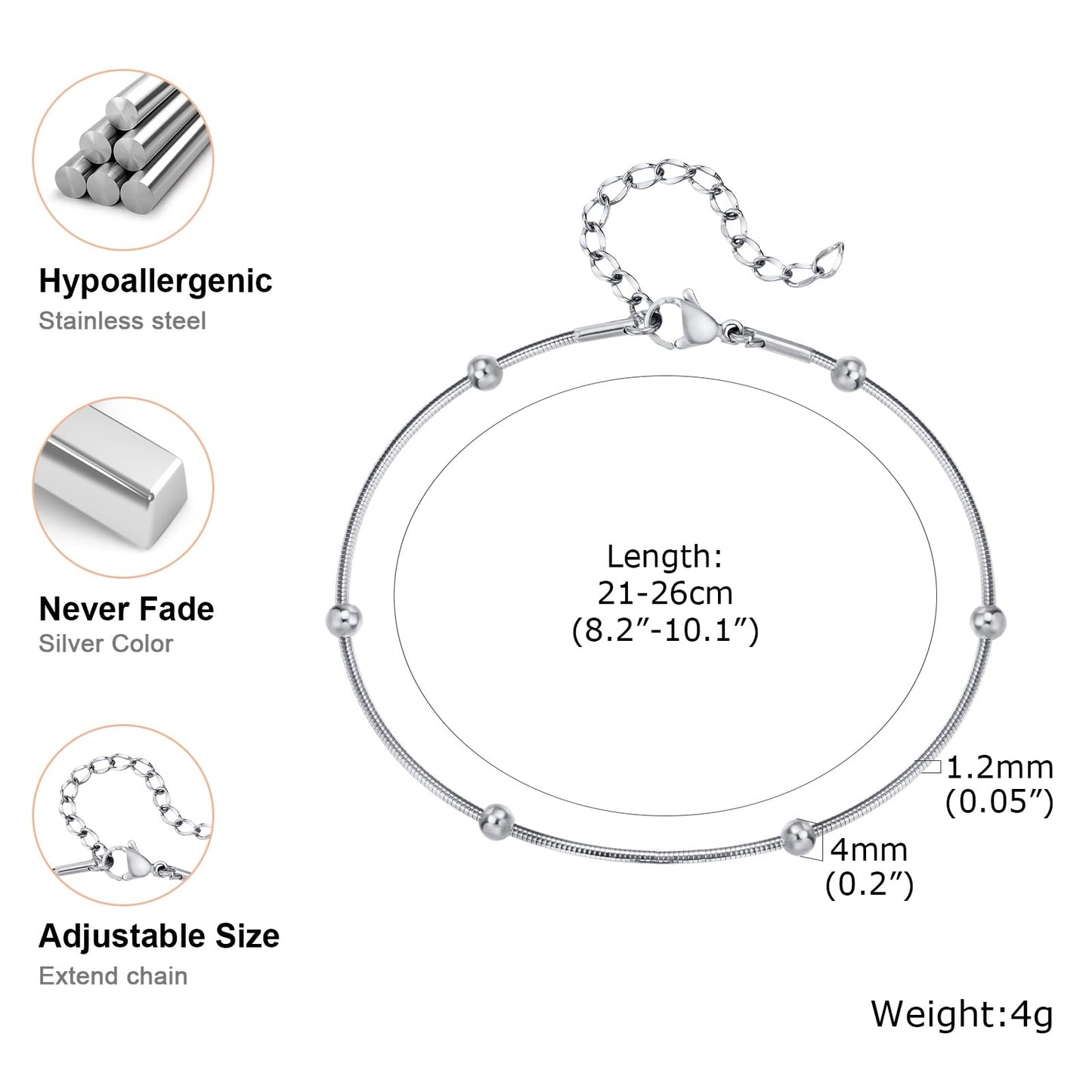 アンクレット レディース ステンレススチール ボールチャーム ゴールド/シルバー 調整可能 シンプル 夏アクセサリー