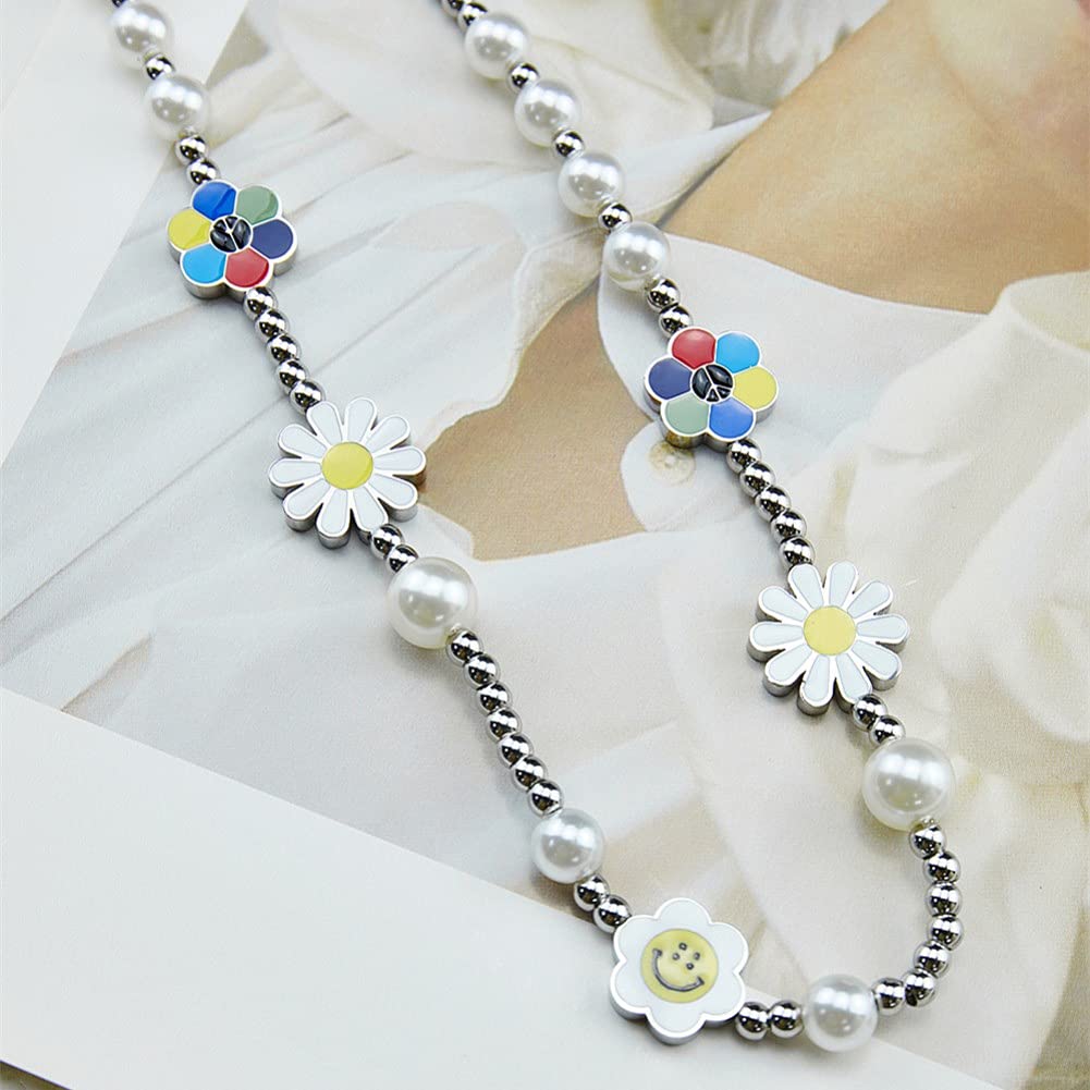 Rockyu ネックレス メンズ ホワイト｜スマイル×パール×花モチーフ 真珠風デザイン チタンチェーン