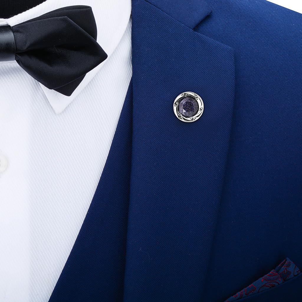 Rockyu ブローチ メンズ ブルーサンドストーン ステンレス ラウンド スーツピン 17mm フォーマル 結婚式 ビジネス