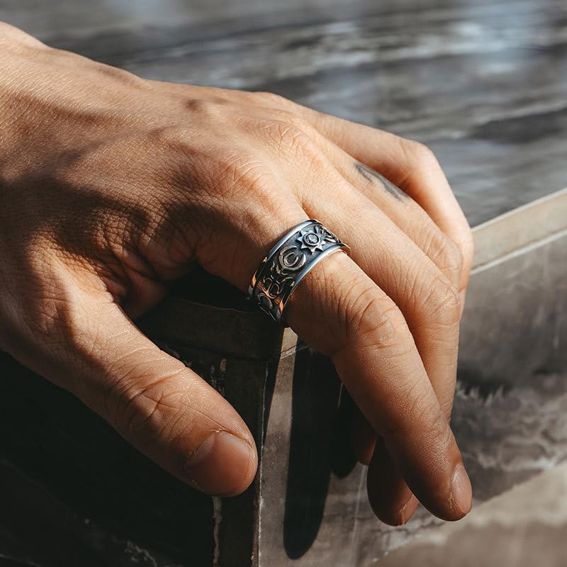 Rockyu シルバー 太陽トーテムリング 幅広 ジルコニア 男女兼用 フリーサイズ