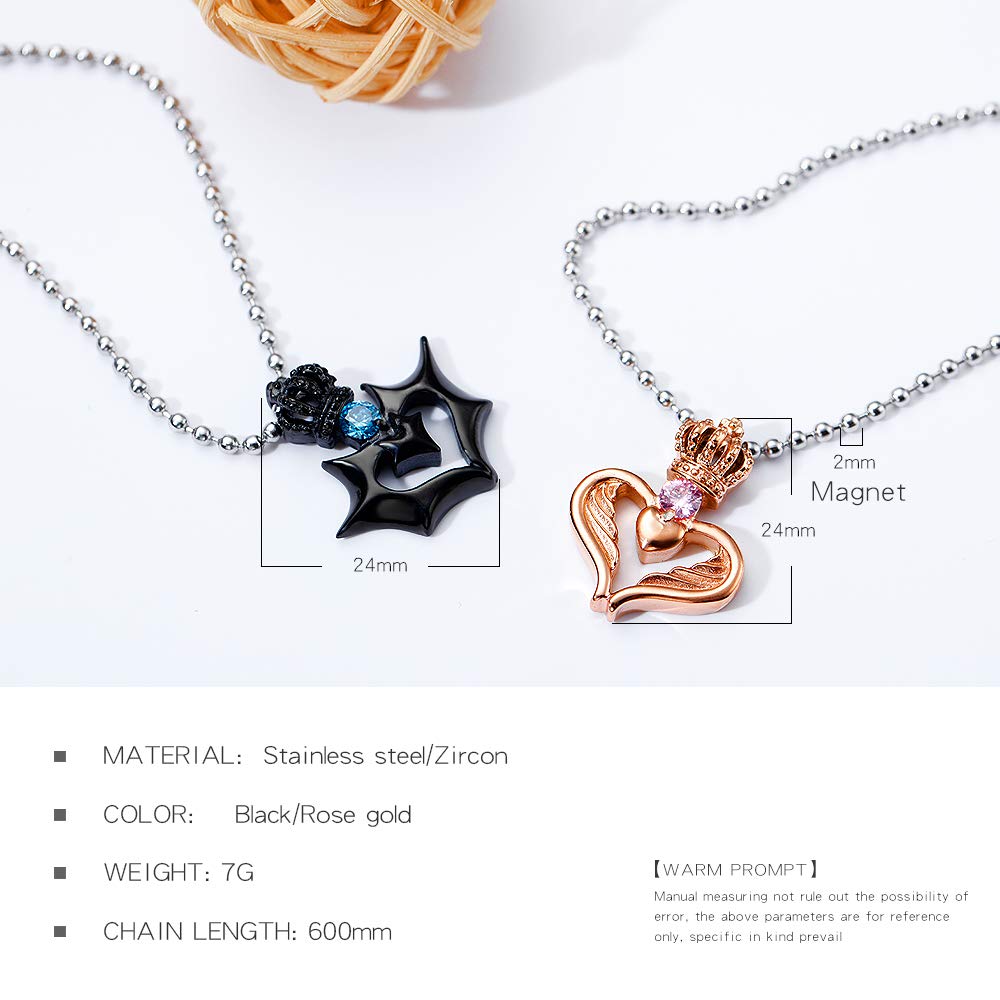 Rockyu ペアネックレス 王冠＆ハートデザイン クラウンマグネットネックレス カップル用