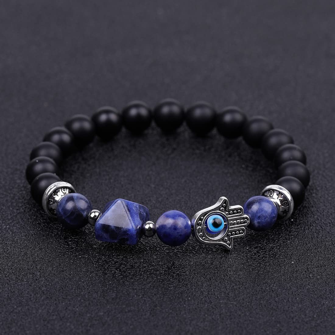 Rockyu ブレスレット レディース メンズ 天然石 ハムサの手 数珠 オニキス パワーストーン ビーズブレスレット 誕生日や記念日に