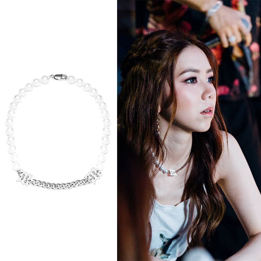 Rockyu ネックレス レディース パール 喜平チェーン アルファベット付き 真珠調 ホワイト チタン 金属アレルギー対応 ヒップホップ パーティー ギフト