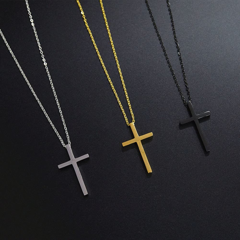 Rockyu クロスネックレス メンズ・レディース兼用｜ステンレス製 チタンチェーン｜ブラック・ゴールド・シルバー｜金属アレルギー対応 60+5cm