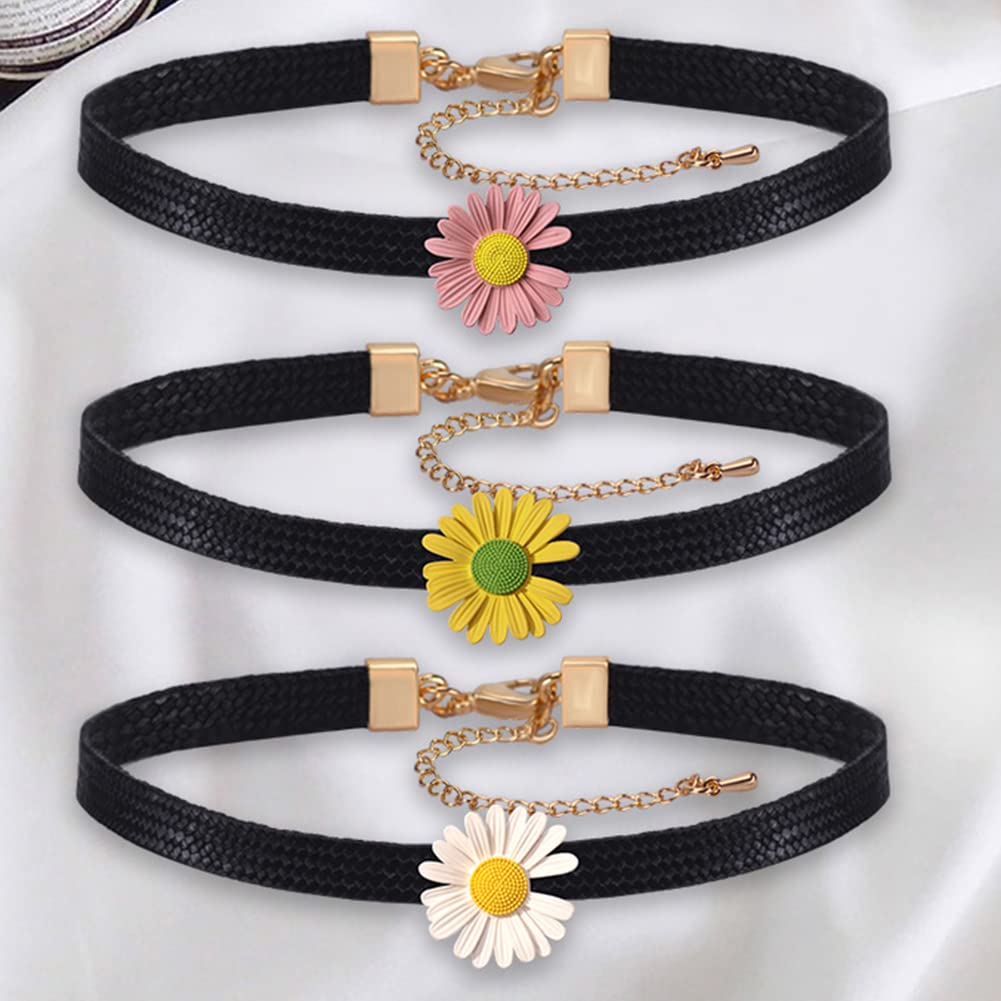 Rockyu チョーカー レディース 黒 レザー フラワー 雛菊 ペンダント 革紐チェーン