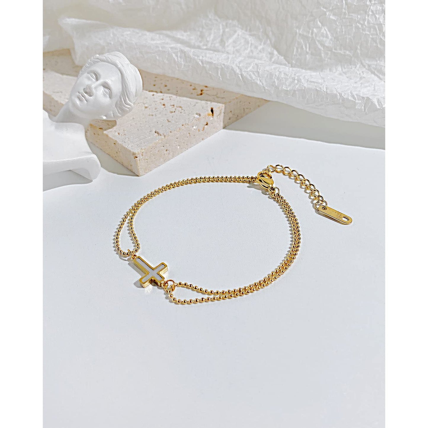 Rockyu クロスデザイン 二連ボールチェーンブレスレット レディース