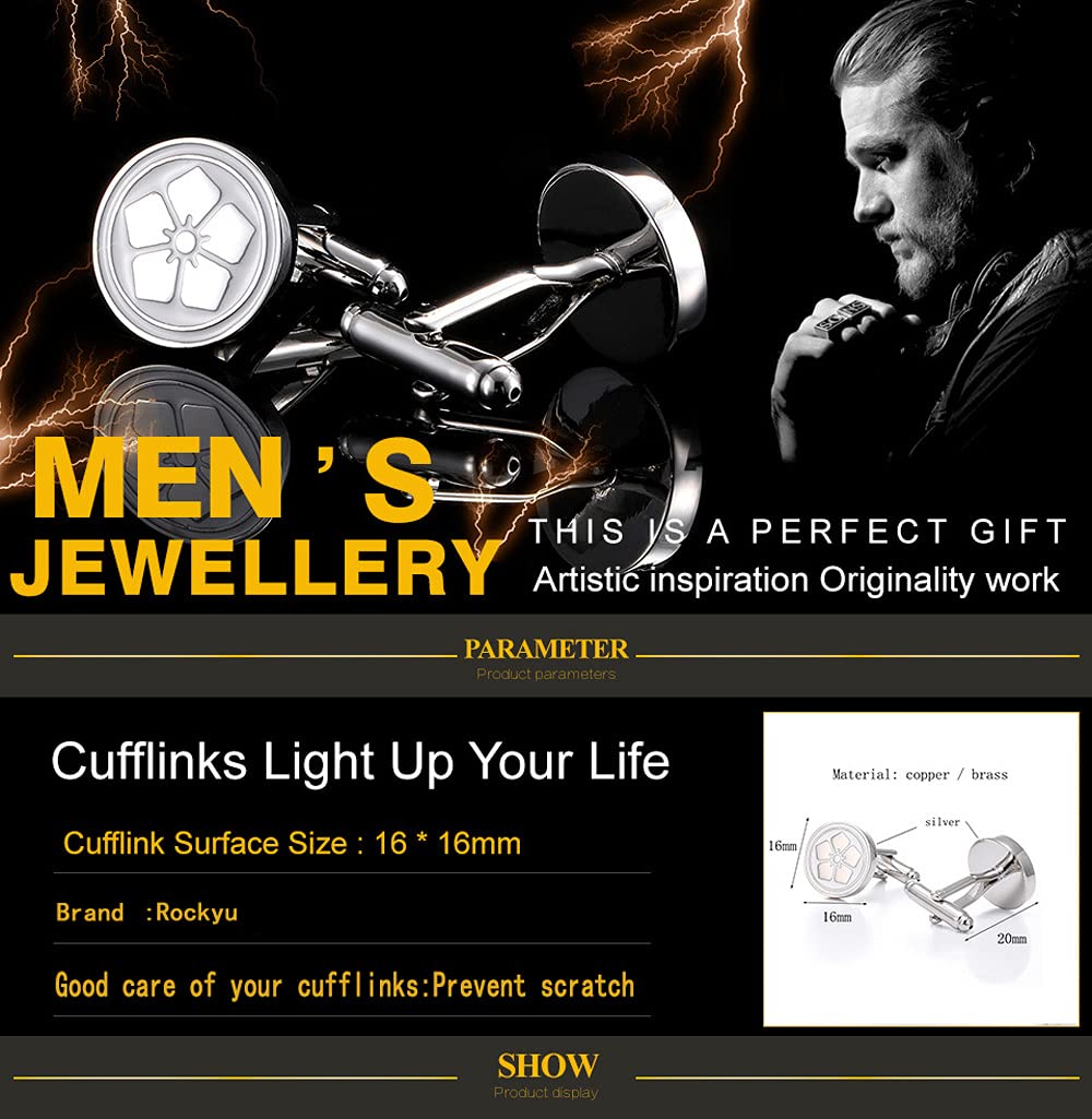 Rockyu 桜花カフス メンズ シルバー ラウンドカフス 鏡面仕上げ フラワーモチーフ