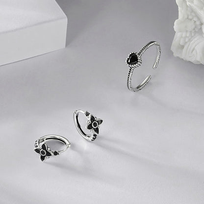 Rockyu ピアス レディース 925純銀 フラワーモチーフ ブラックオニキス フープデザイン 通勤カジュアル ギフト