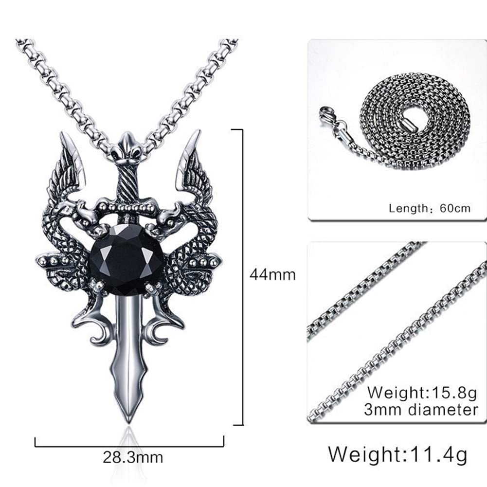 Rockyu ネックレス メンズ シルバー 龍×剣ペンダント ブラックジルコニア ステンレス 60cmチェーン