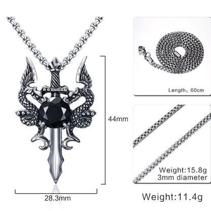 Rockyu ネックレス メンズ シルバー 龍×剣ペンダント ブラックジルコニア ステンレス 60cmチェーン