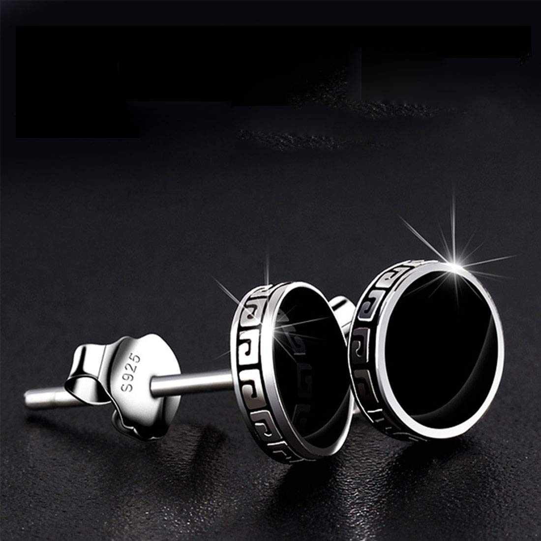 Rockyu ピアス メンズ 黒 円形 シルバー925 長城模様 スタッドイヤリング