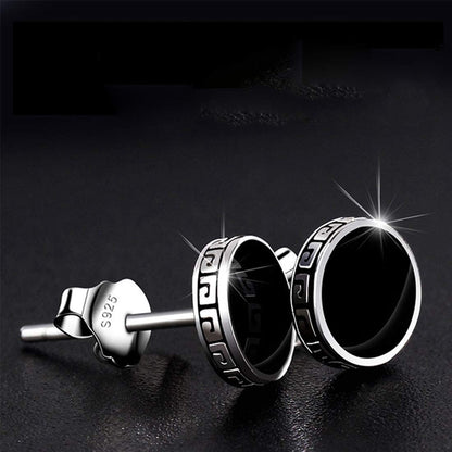 Rockyu ピアス メンズ 黒 円形 シルバー925 長城模様 スタッドイヤリング