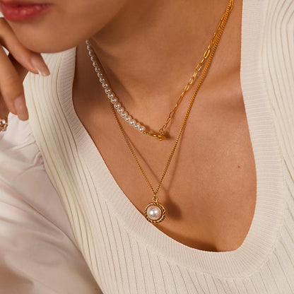 Rockyu パールネックレス レディース 2連 ゴールド ステンレス製 OTチェーン パールペンダント 調整可能 エレガント 結婚式 パーティー