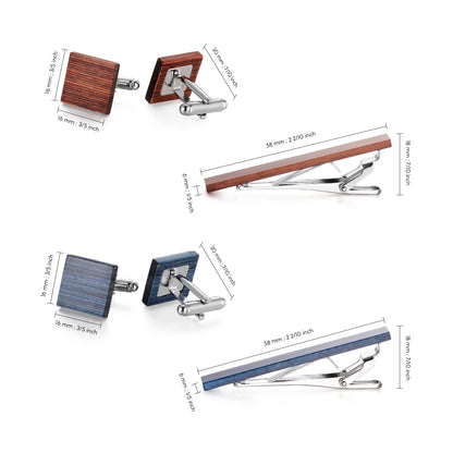 Rockyu メンズ ネクタイピン＆カフスセット 木製デザイン ブルー＆ブラウン スーツアクセサリー