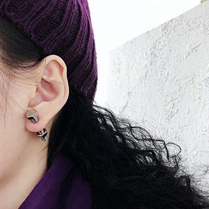 Rockyu ネジ型スタッドピアス メンズ チタン製 ブラック＆シルバー 金属アレルギー対応 スクリューデザイン