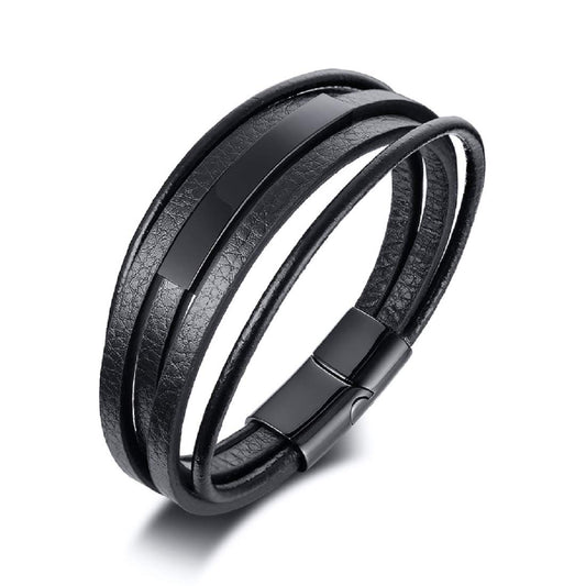 Rockyu レザーブレスレット メンズ 多重巻き ステンレスプレート付き 3色展開