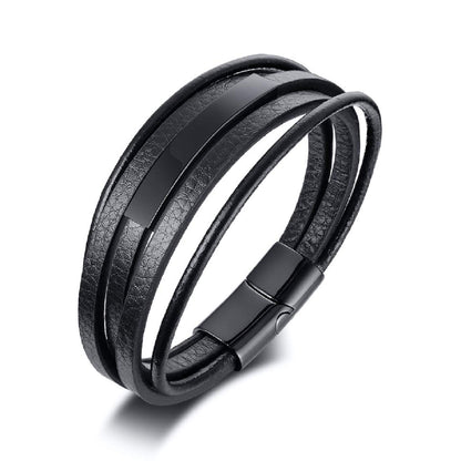 Rockyu ブレスレット メンズ ブラック レザー 多連 ステンレスプレート 金属アレルギー対応