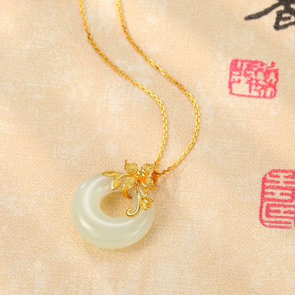 Rockyu ネックレス レディース 金花 ホワイトジェイド 円型 18金メッキ ペンダント