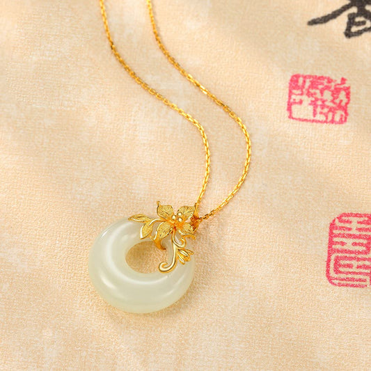 Rockyu ネックレス レディース 金花 ホワイトジェイド 円型 18金メッキ ペンダント