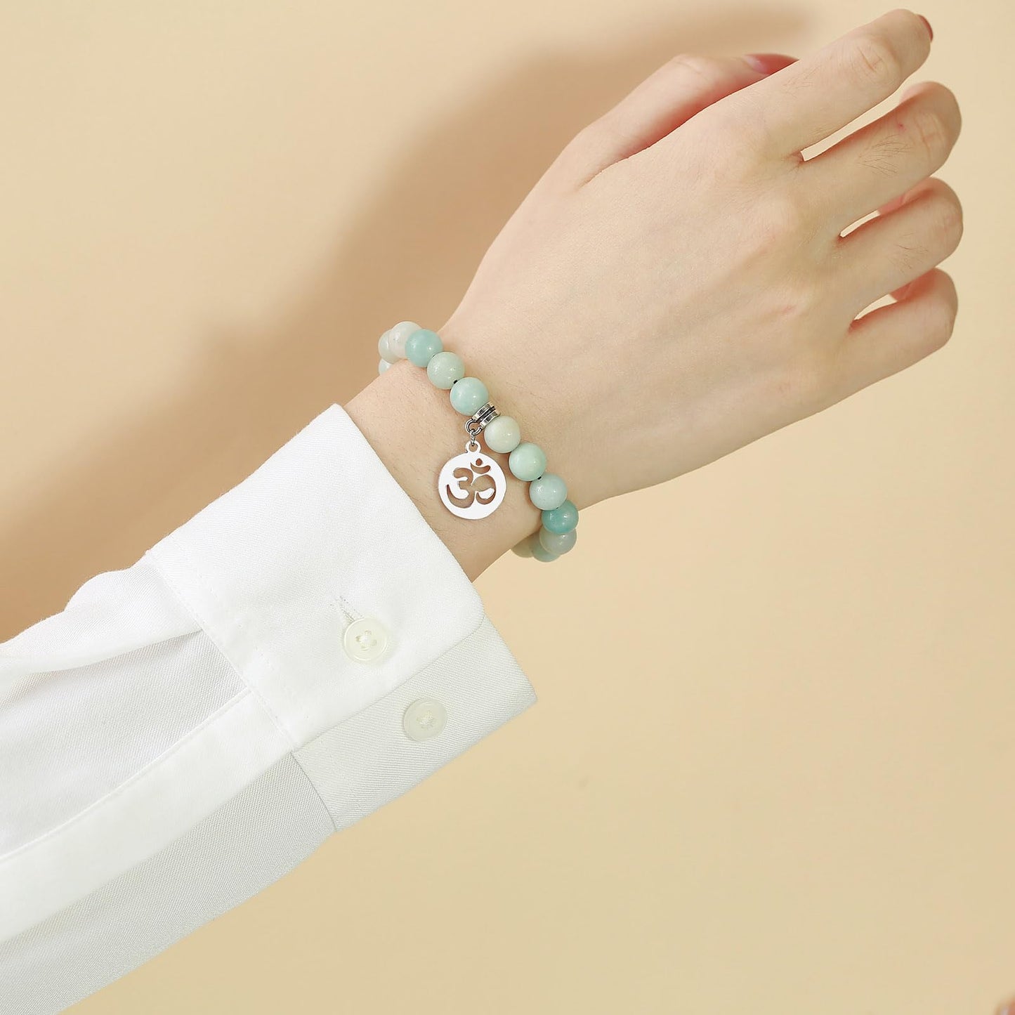 Rockyu レディース 天然石ブレスレット 蓮花・生命の樹・オームモチーフ ステンレスペンダント 金属アレルギー対応