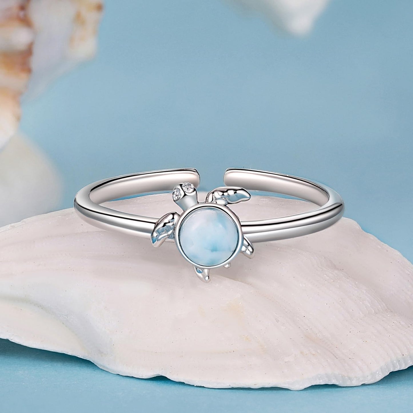 Rockyu シータートルリング レディース ブルーオパール調 925シルバー 調節可能指輪
