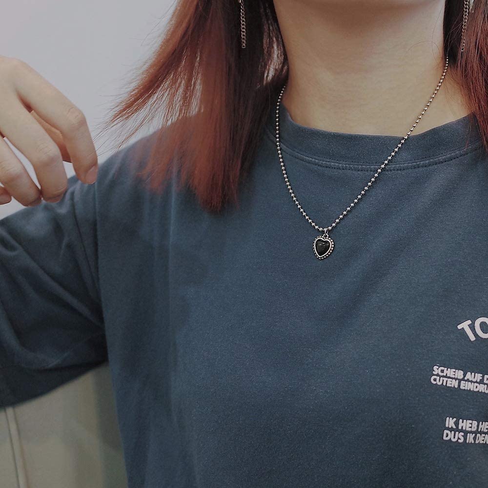 Rockyu ブラックハートネックレス＆ブレスレット レディース シルバー パール付きセット INS風