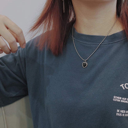 Rockyu ブラックハートネックレス＆ブレスレット レディース シルバー パール付きセット INS風