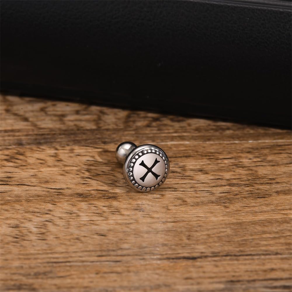 Rockyu メンズ 十字架ピアス シルバー ステンレス 片耳用 スタッド クロス ドット彫刻 金属アレルギー対応