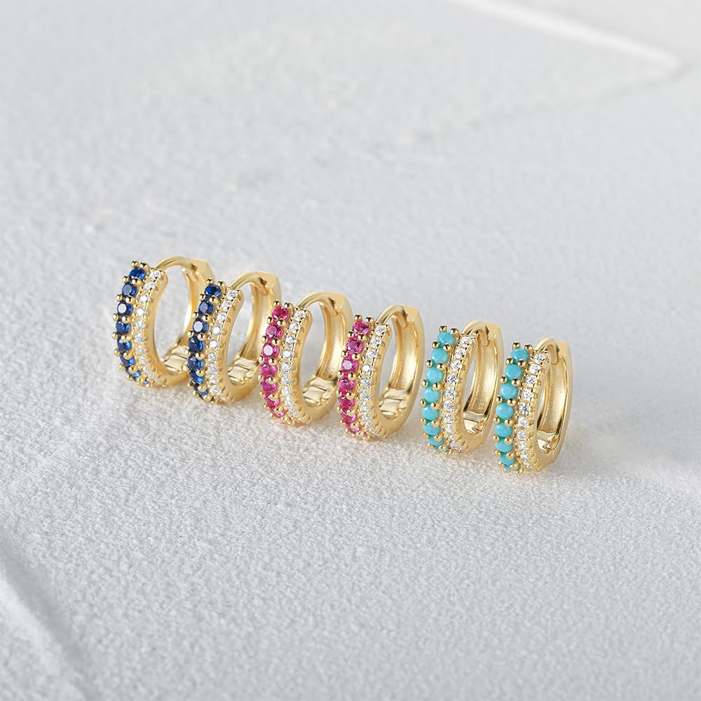 Rockyu レディース フープピアス シルバー925 ジルコニア 二連 ゴールドカラー レッド／ブルー／ターコイズ