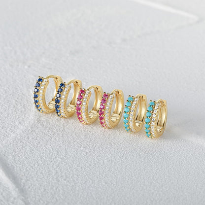 Rockyu レディース フープピアス シルバー925 ジルコニア 二連 ゴールドカラー レッド／ブルー／ターコイズ