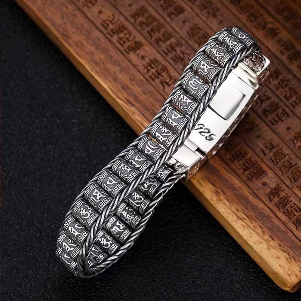 Rockyu 六字真言ローラーブレスレット メンズ シルバー