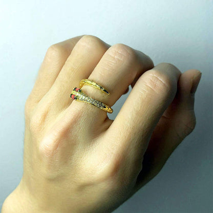 Rockyu 指輪 レディース 蛇モチーフ フリーサイズ CZダイヤ ゴールドリング