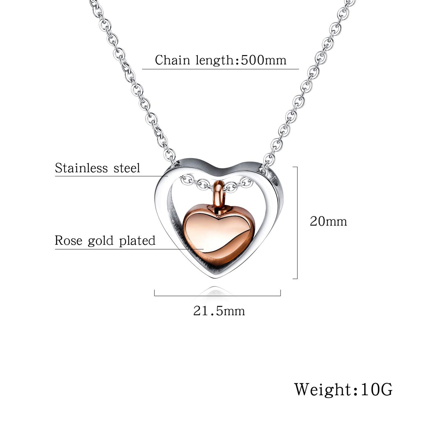Rockyu ダブルハートネックレス レディース チタン製 ローズゴールド×シルバー メモリアルペンダント 500mmチェーン