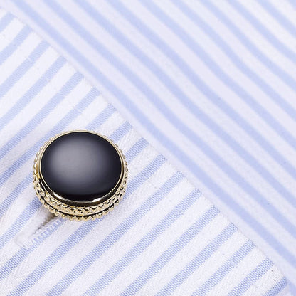 Rockyu カフスボタン ゴールド×ブラック メンズ ラウンドカフス ビジネス＆フォーマル プレゼントにもおすすめ