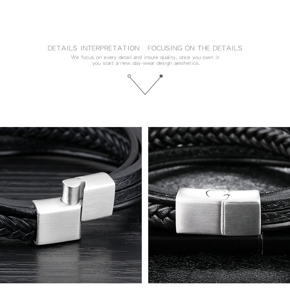 Rockyu 多連レザーブレスレット｜編み込み×PU革 メンズカジュアルバングル