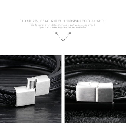 Rockyu 多連レザーブレスレット｜編み込み×PU革 メンズカジュアルバングル