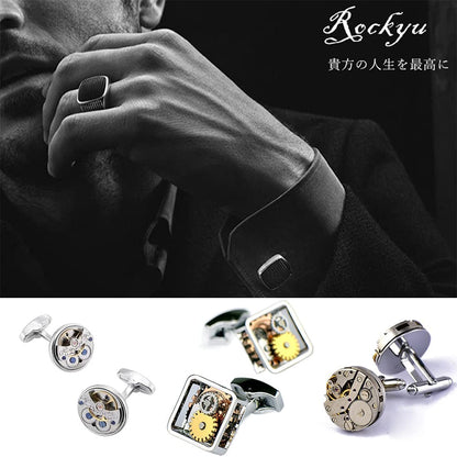 Rockyu カフスボタン メンズ おしゃれ シルバー ラウンド 大粒ジルコニア カフリンクス